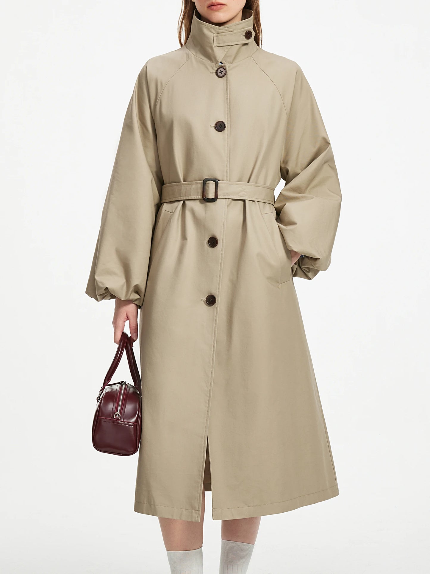 FSLE Women Grey Khaki Long Trench Polo Neck Single Breasted Autumn Female Trench Coat With Sashes Raglan Sleeve Coats 24FS13341