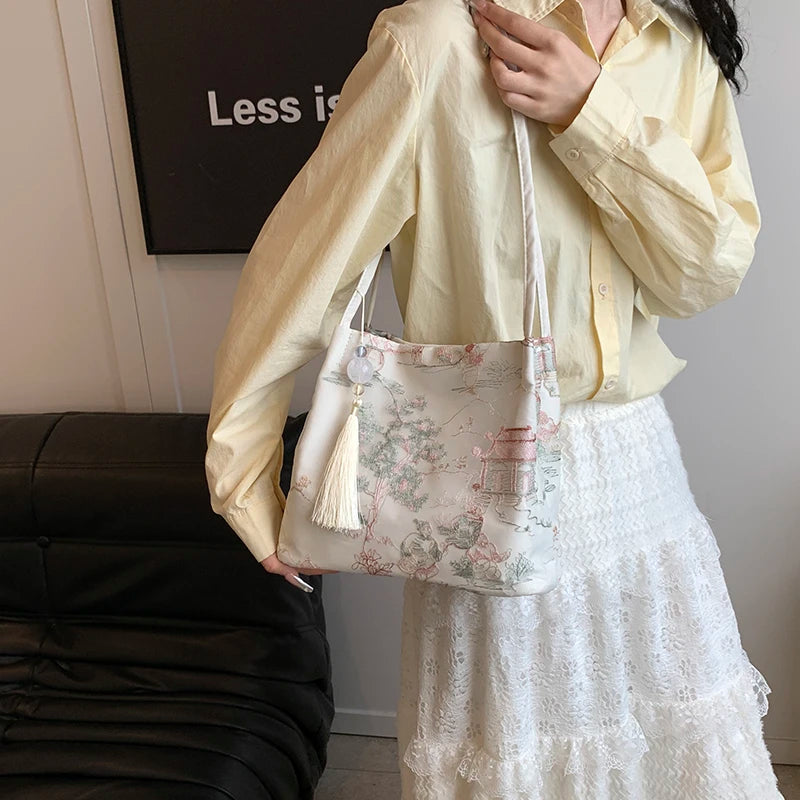 New Chinese Style Retro Bag2024 New Models Silk Jacquard Fashionable Minimalist Bag Single Shoulder Diagonal Cross Women's Bag