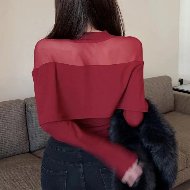 Red Ladies Undercoat Casual Tops Autumn Winter Thin Solid Color Pullovers 2023 New Vintage Women's Clothing Sexy Slim T-Shirts