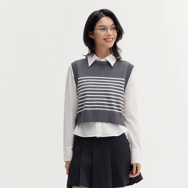 Semir Sweater Women Striped Vest Solid Color Shirt 2024 Autumn New Loose Two-Piece Pullover Sweater