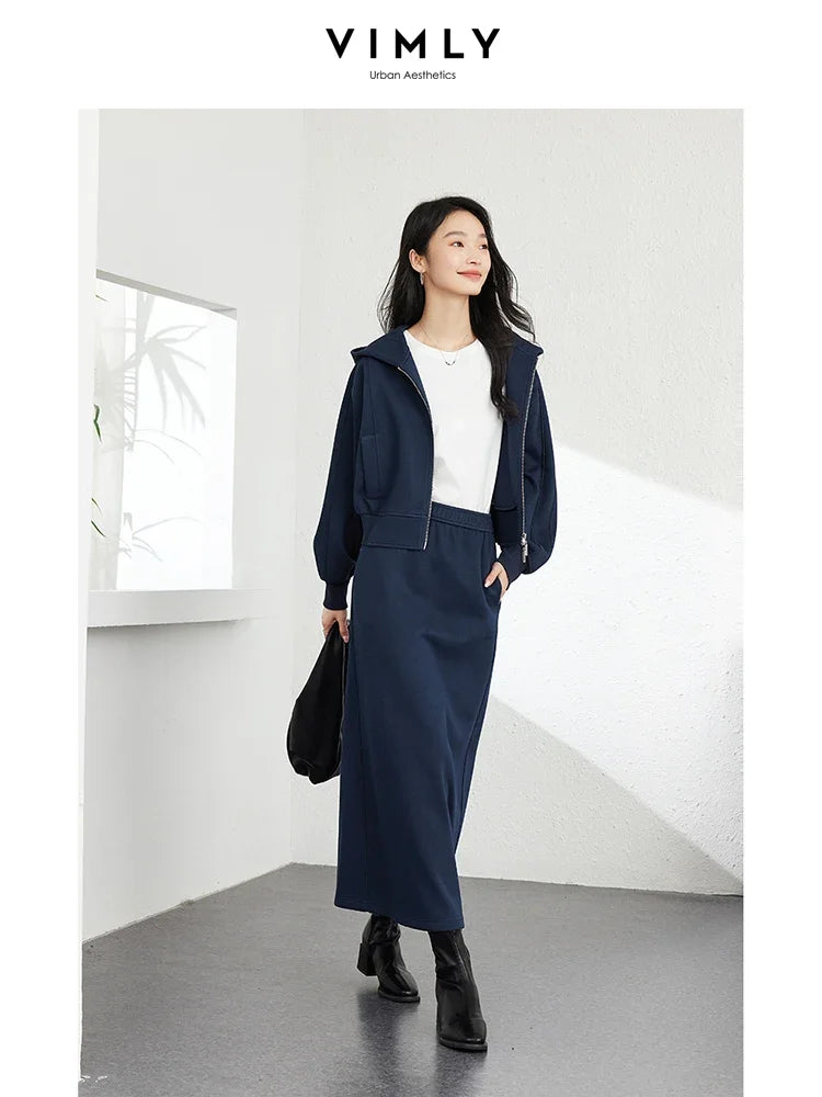 VIMLY Commuter Casual Zipper Cardigan Sweatshirt Skirt Sets Women Tracksuit Suits Fall/Winter Outfits Sets Simple Sportswear