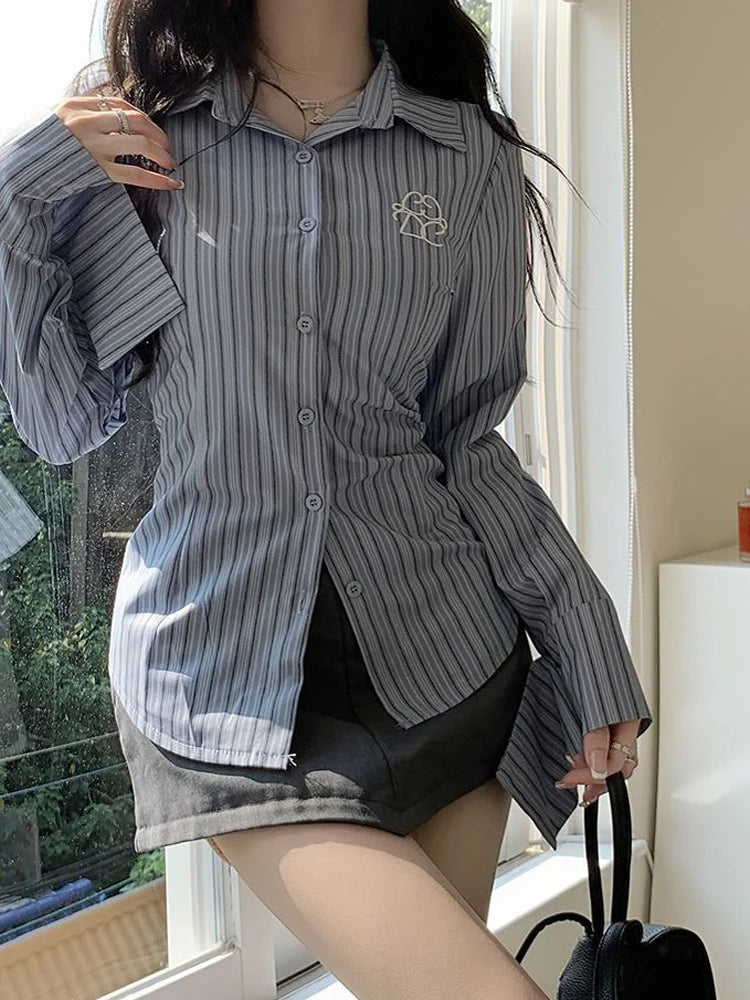 Zoki Harajuku Retro Striped Shirt Women Korean Fashion Slim Embroidery Blouse Preppy Style All Match Long Sleeve Casual Tops