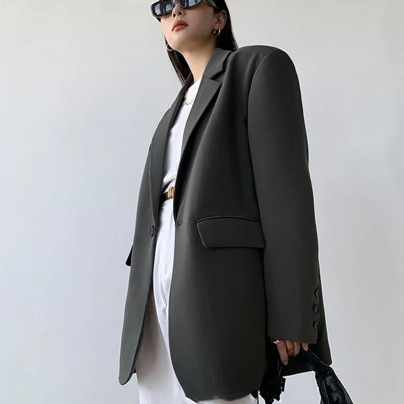 Black Suit Jacket Women Loose Straight Long Sleeved Fall Winter Fashion Outwear Basic Simple Korean Office Lady High Street Coat