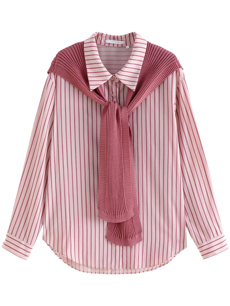 DUSHU Commuter Style Detachable Shawl Retro Striped Shirt for Female Autumn New Personality Fashionable Top Shirt Women