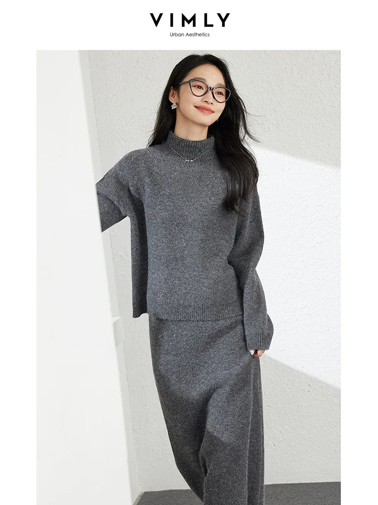 VIMLY Office Lady Knitted Set for Women's Autumn Winter Casual Pullover Knitted Sweater Top Skirt Sets Simple Thick Warm Sets
