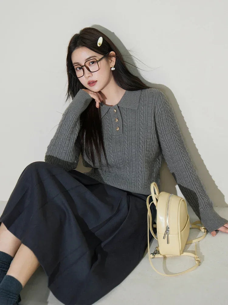 DUSHU 9.4% Wool Polo Neck Front Shoulder Women Dark Grey Winter Short Pullovers Three Mental Button Design Female Sweater