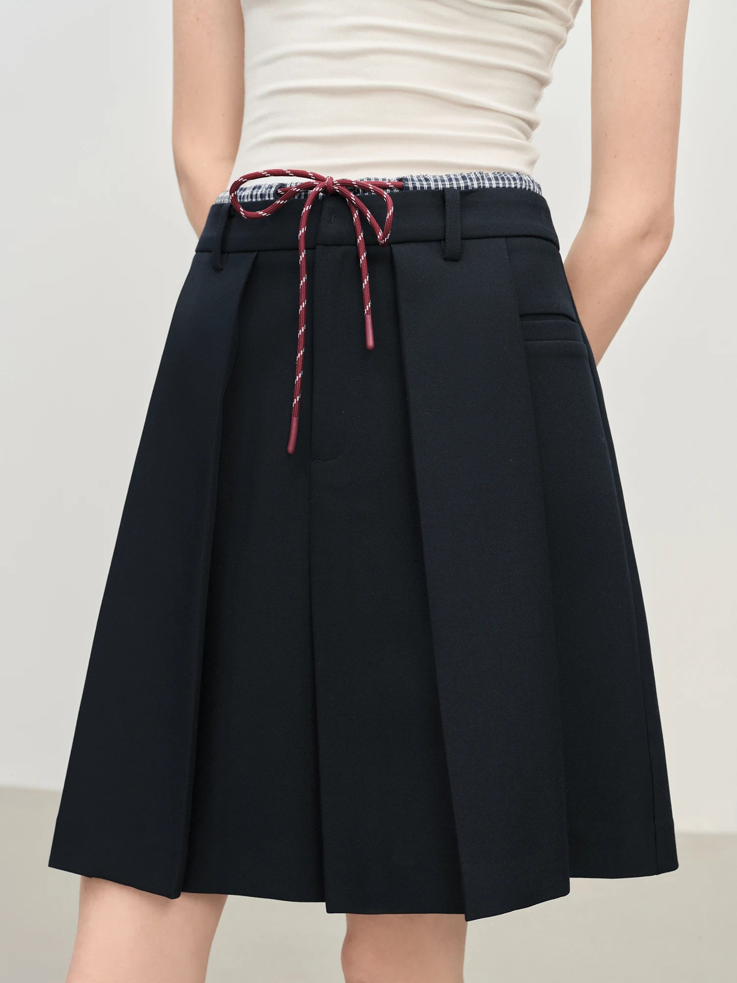 FSLE Double Waist Fake Two-piece Plaid Splicing Drawstring Skirt 2025 Autumn New Style Skirt