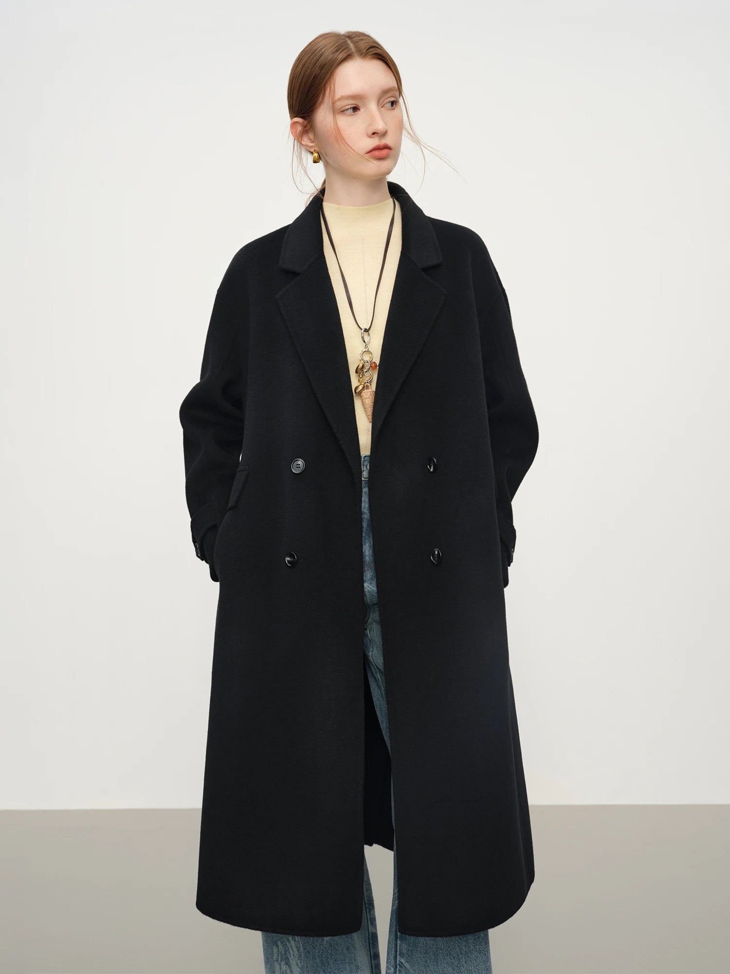 Women's Pure Wool Double Breasted Coat - Classic Mid-Length Winter Trench Warm Elegant Overcoat