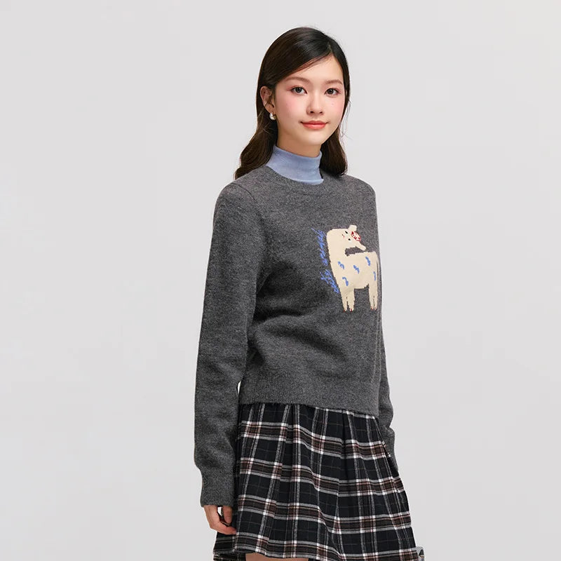 Semir Sweater Women Jacquard Cute Fun Trendy 2024 Winter New Round Neck Shoulder-Fitting Sweater Sweet Cool Pullover Sweater
