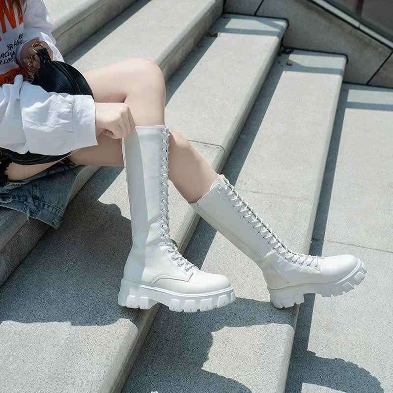 Women's Mid Calf Boots Padded Shoes Knee High Winter Sneakers Punk Style Military Casual White Black 2023 Lucury Platform Woman