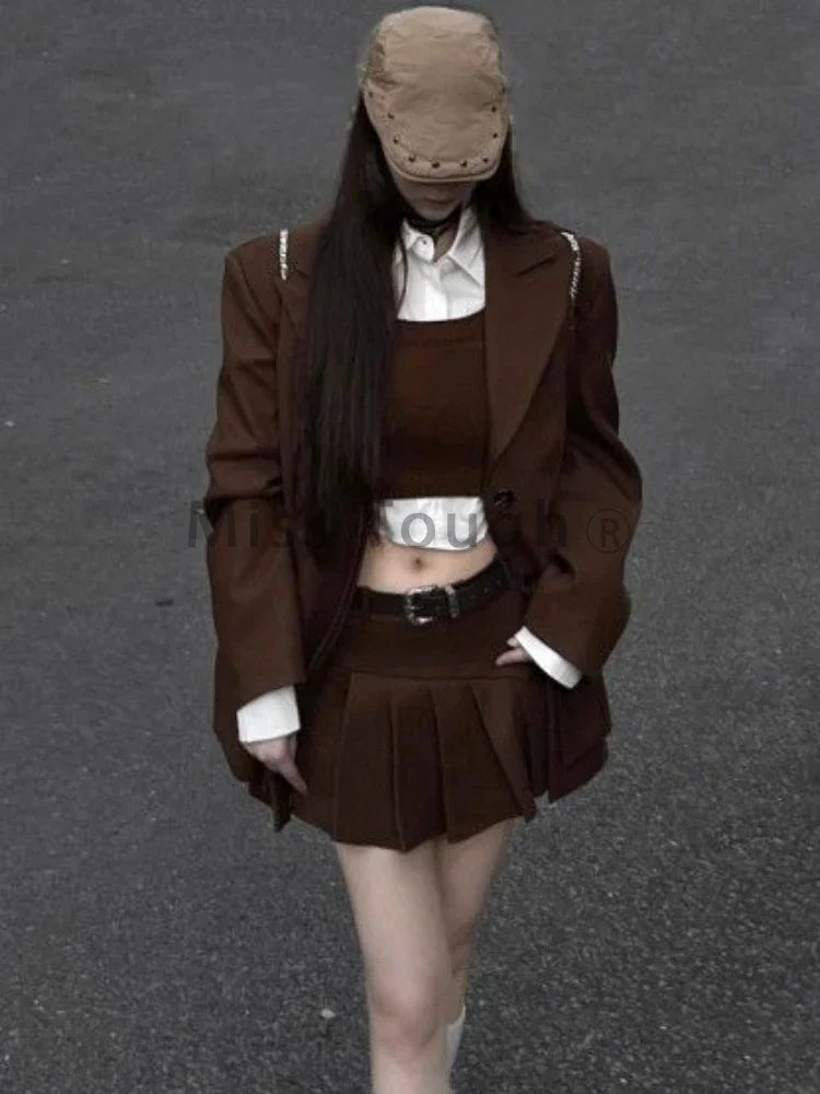 Fashion Vintage Loose Knit 4 Pieces Set Women Design Elegant Solid Lapel Long Sleeve Tops Female + High Waist Ruffle Short Skirt