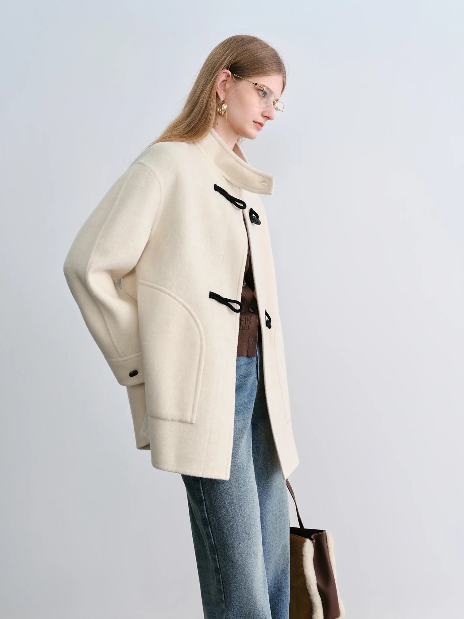Crafty Studio Wool Coat for Petite Women with Horn Buttons, Standing Collar, and Double-Faced Design 2025 New