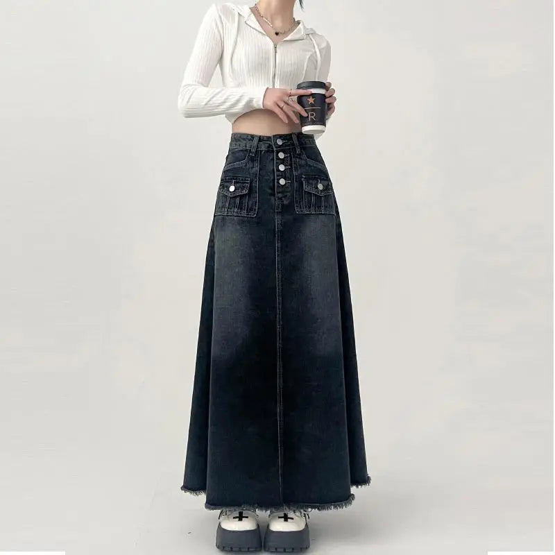High-waisted Cargo Denim Skirt Women's Autumn Long A-line Mid-length Skirt Retro Raw Edge Y2k Female Clothing Korean Style