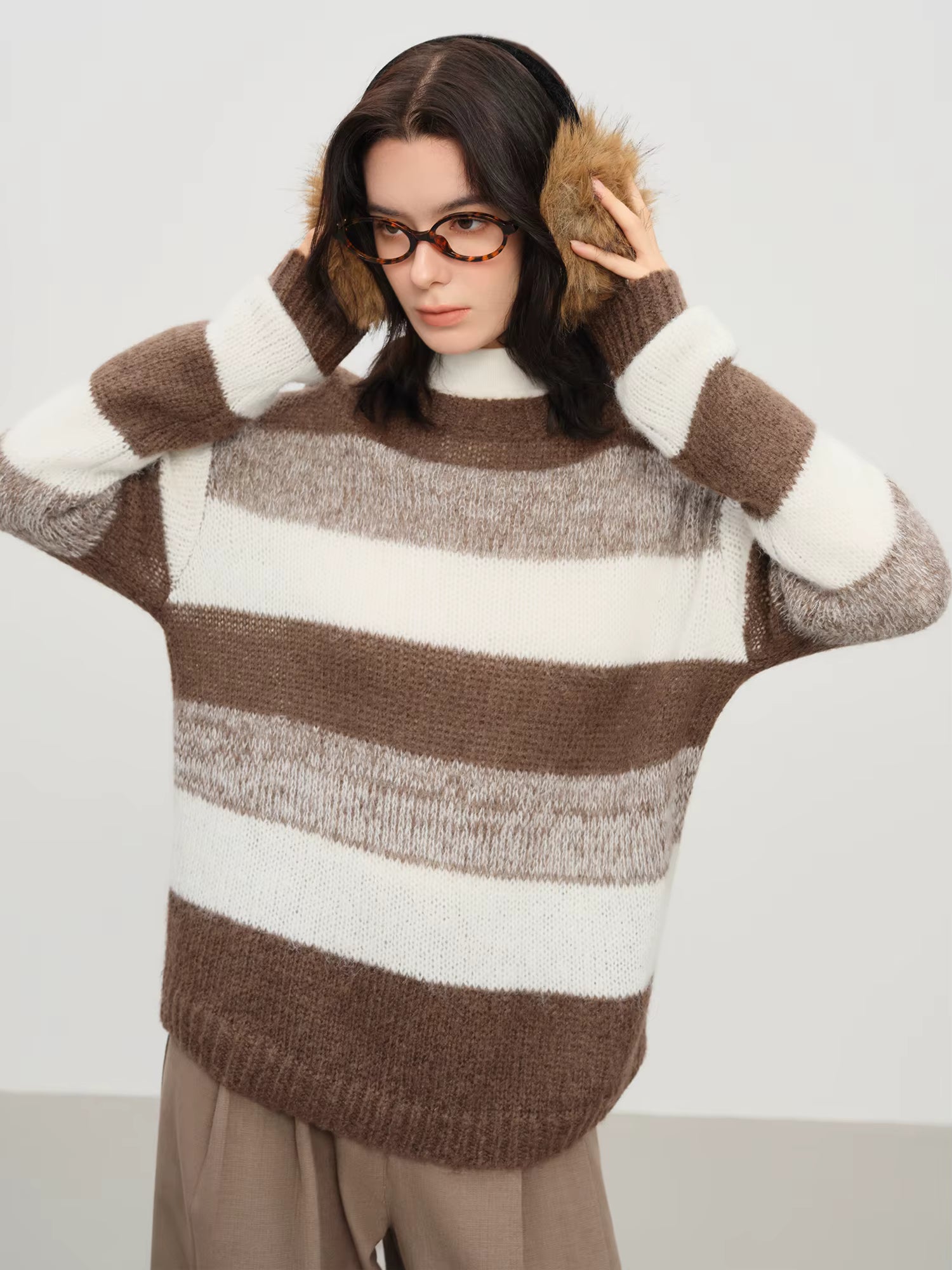 Winter 2025 Women's Mohair Knit Sweater - Striped Round Neck Soft Pullover Top with Cozy Comfort for Casual Elegance
