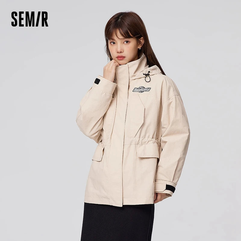 Semir Mali Coat Women Waist-Collecting Contrast Color Hooded Top Spring Oversize Letter Embroidery Spring Clothing