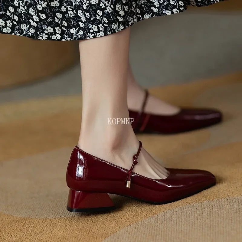 2024 New Square-toe Leather Shoes Red Mary Janes Shoes Women'S Shallow Mouth Casual Low Chunky Heel Dress Shoes Zaptos Mujer