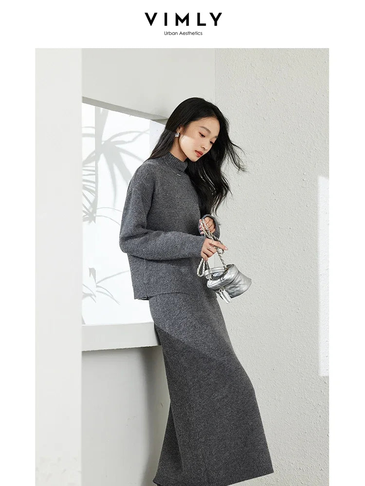 VIMLY Office Lady Knitted Set for Women's Autumn Winter Casual Pullover Knitted Sweater Top Skirt Sets Simple Thick Warm Sets