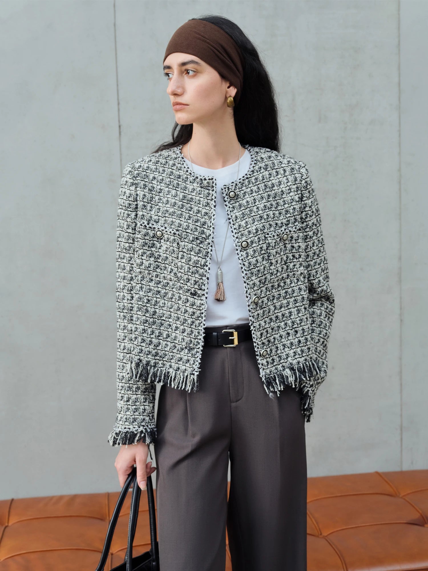 ZIQIAO Petite Plaid Tweed Jacket for Women 2025 Autumn New Chic Short Coat French Style Elegant Office Blazer Casual Outerwear