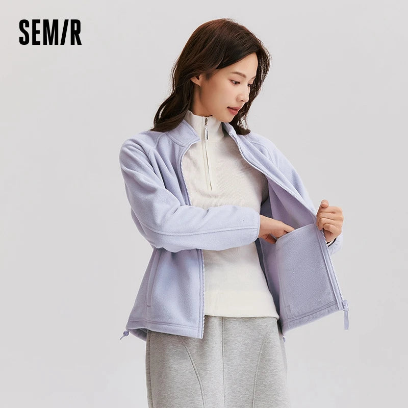 Semir Coat Women Anti-Static Polar Fleece Slim Embroidery Versatile 2024 New Winter Stand Collar Insert Shoulder Sleeve Jacket