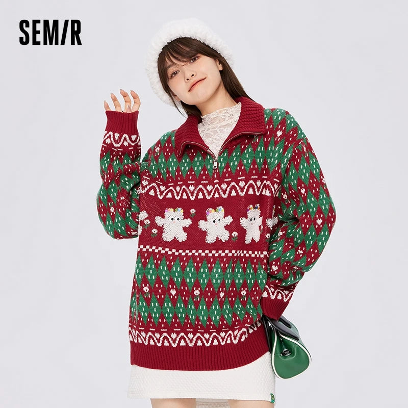 Semir Sweater Women Jacquard Loose Christmas Style 2024 New Winter Retro Stand Collar Bottoming Shirt
