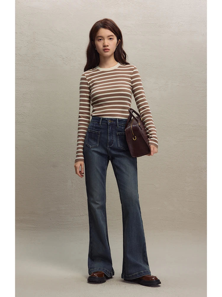 ZIQIAO Contrast Striped Long Sleeved Knitted T-shirt For Women's Autumn Winter 2023 New Slim Fitting Bottom Top Casual Loose