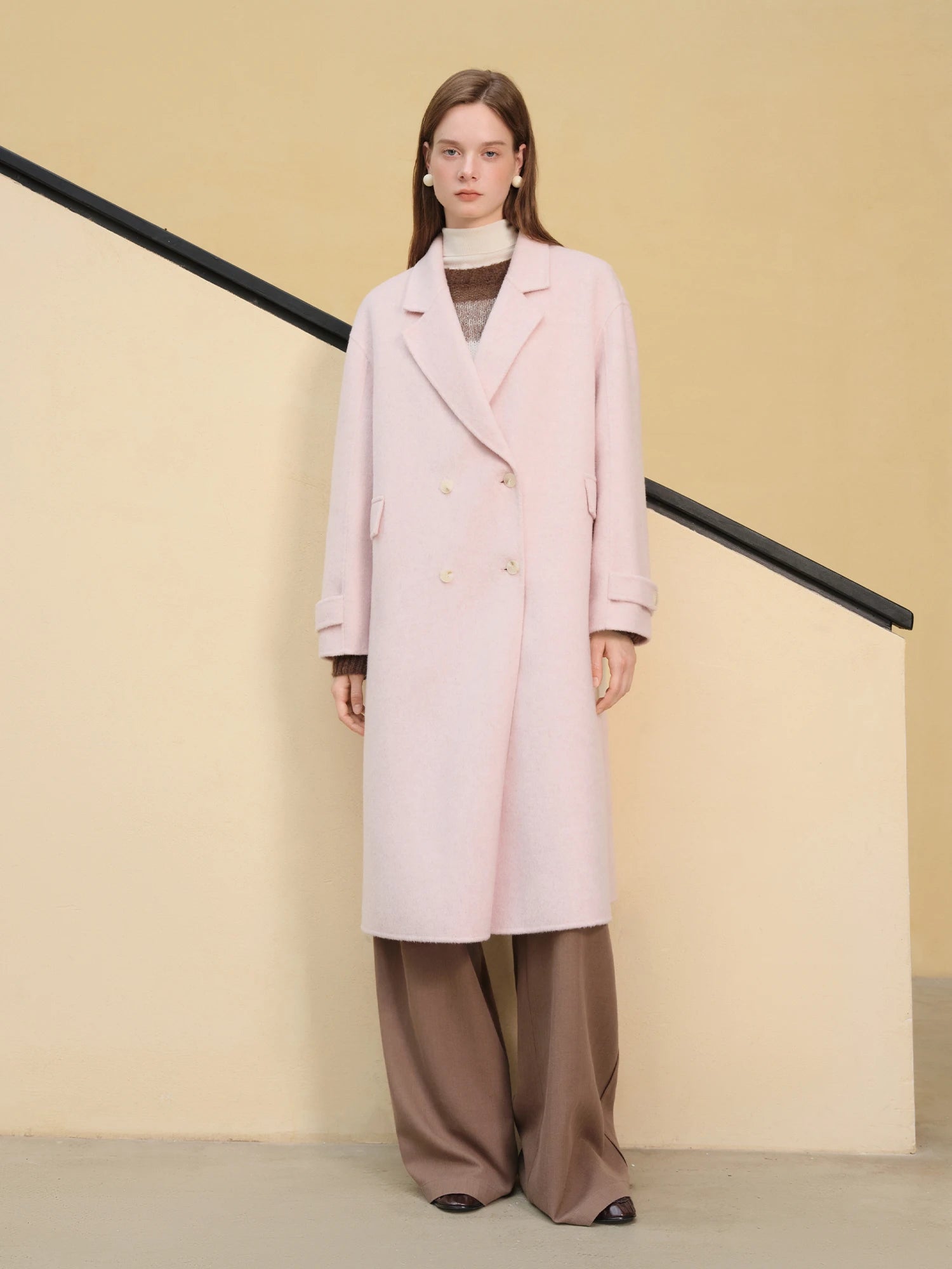 Women's Pure Wool Double Breasted Coat - Classic Mid-Length Winter Trench Warm Elegant Overcoat