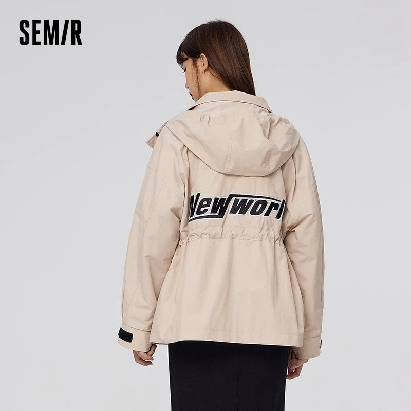 Semir Mali Coat Women Waist-Collecting Contrast Color Hooded Top Spring Oversize Letter Embroidery Spring Clothing
