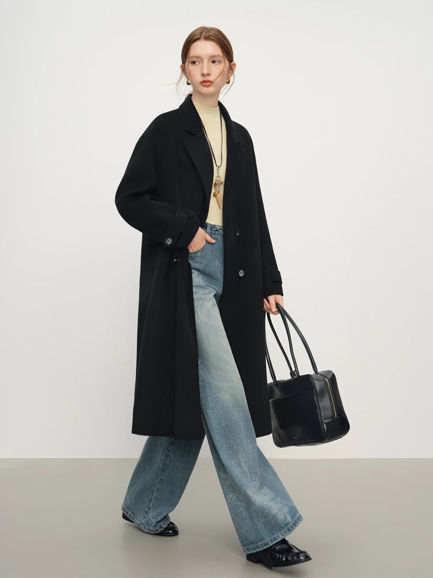 Women's Pure Wool Double Breasted Coat - Classic Mid-Length Winter Trench Warm Elegant Overcoat