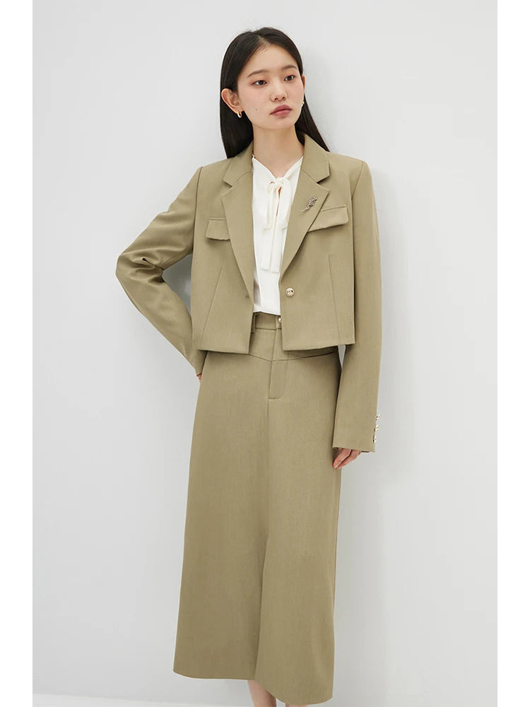 ZIQIAO Temperament One-button Brooch Short Suit for Women Spring Chic Commuter Straight Long Skirt + Short Blazer Jacket Female