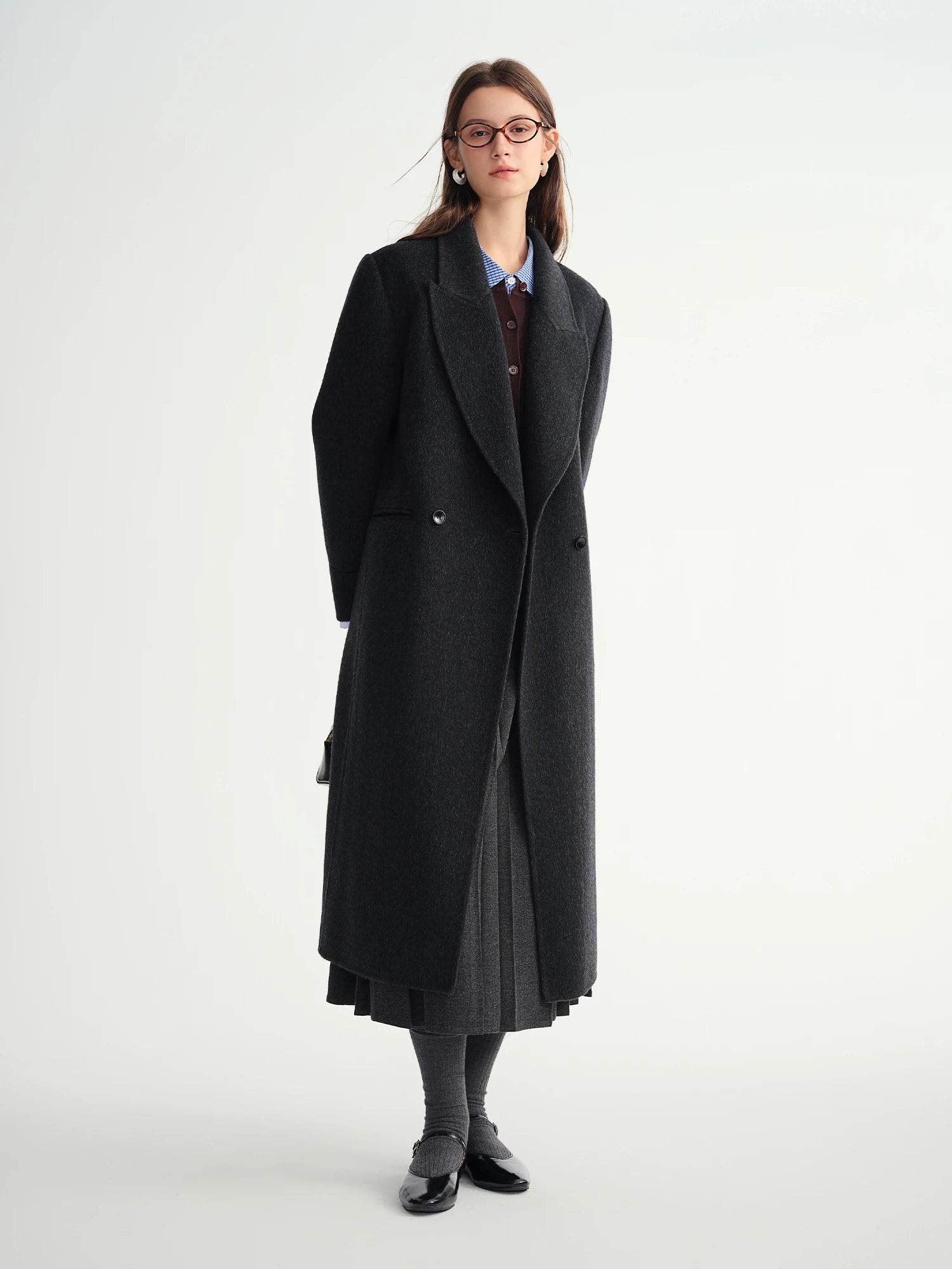 Temperament Turn Down Collar Long Woolen Coat Straight Shoulder Pure Wool Coat European Style Commuting Elegant
