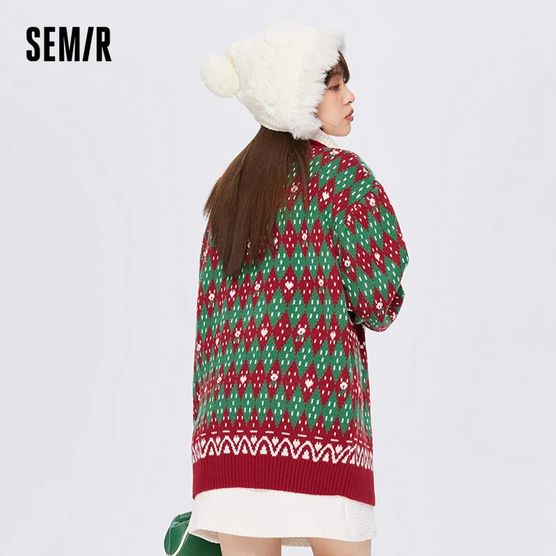 Semir Sweater Women Jacquard Loose Christmas Style 2024 New Winter Retro Stand Collar Bottoming Shirt