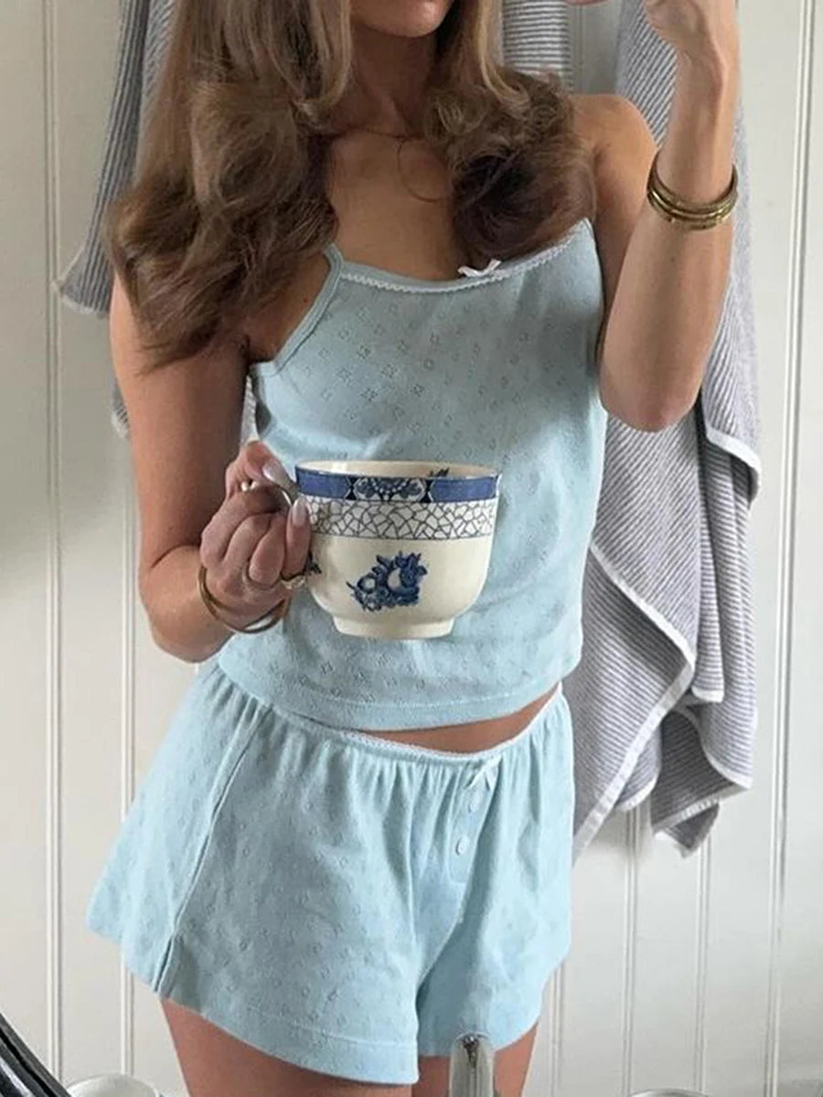 Women 2 Piece Cozy Pajamas Outfits Kawaii Bow Tie Spaghetti Strap Cami Top and Bodycon Shorts Sets Coquette Y2k Outfits