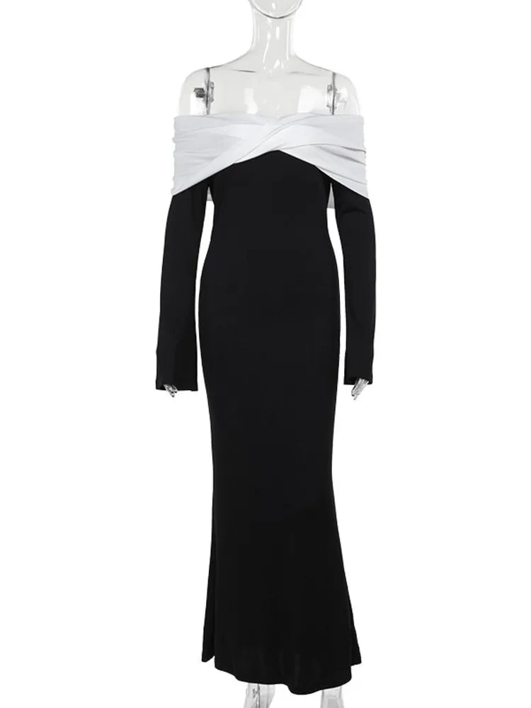 Mozision Off-shoulder Long Sleeve Sexy Maxi Dress For Women Autumn Winter New Patchwork Backless High Waist Sexy Club Long Dress