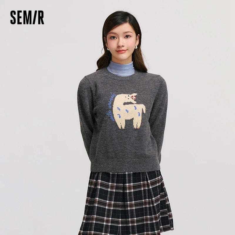 Semir Sweater Women Jacquard Cute Fun Trendy 2024 Winter New Round Neck Shoulder-Fitting Sweater Sweet Cool Pullover Sweater