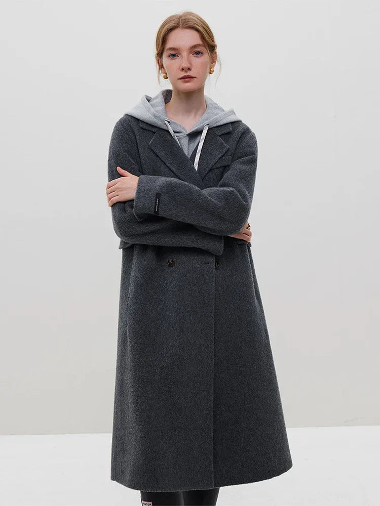 FSLE 100% Wool Temperament Front Shoulder Dark Grey Winter Mid-Length Straight Woolen Jackets Simple Notched Style Wool Coats