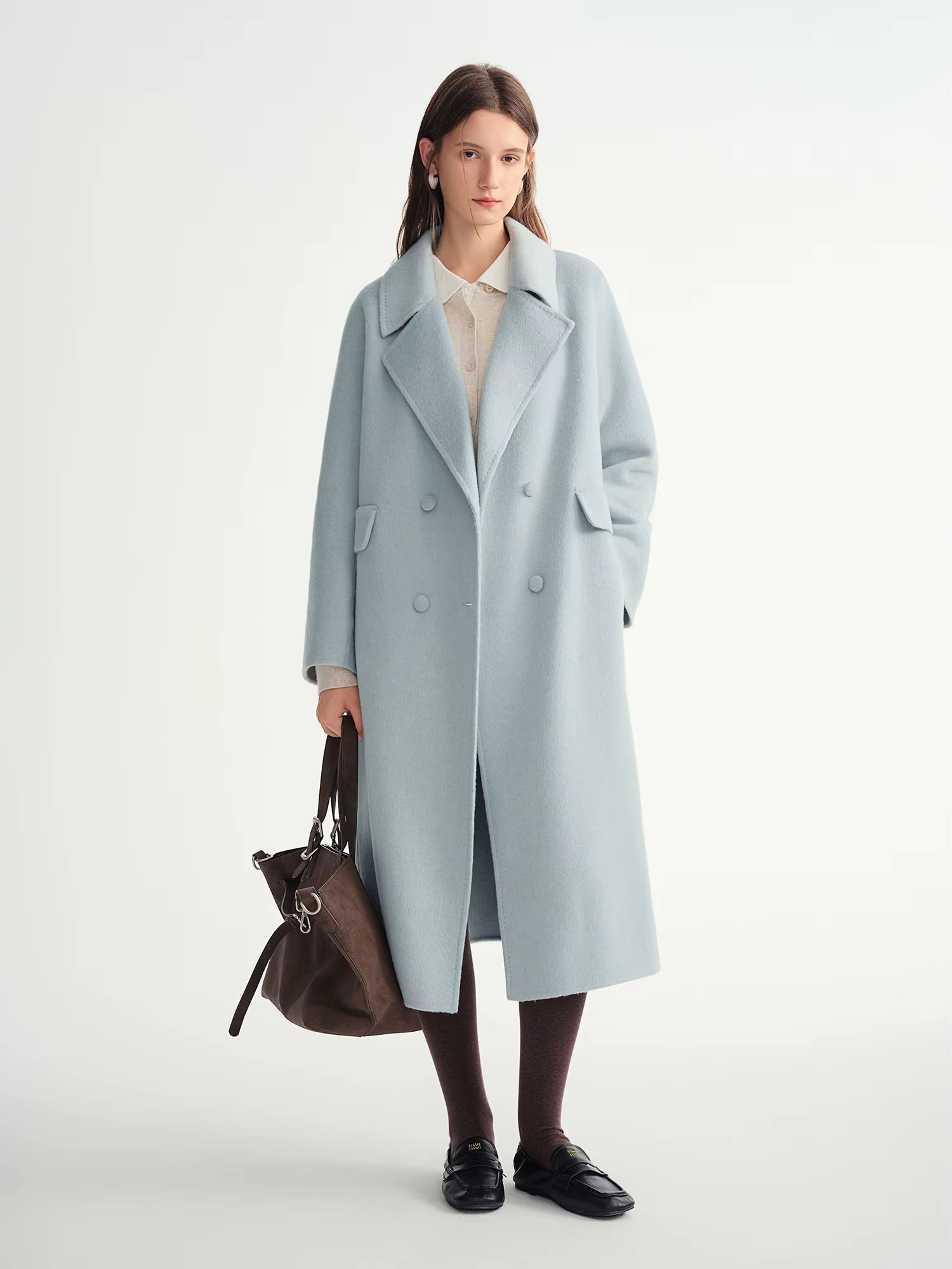 Double-breasted Cashmere Wool Coat Elegant Ladies Women Commuting Simple Temperament Mid-calf Length British Style