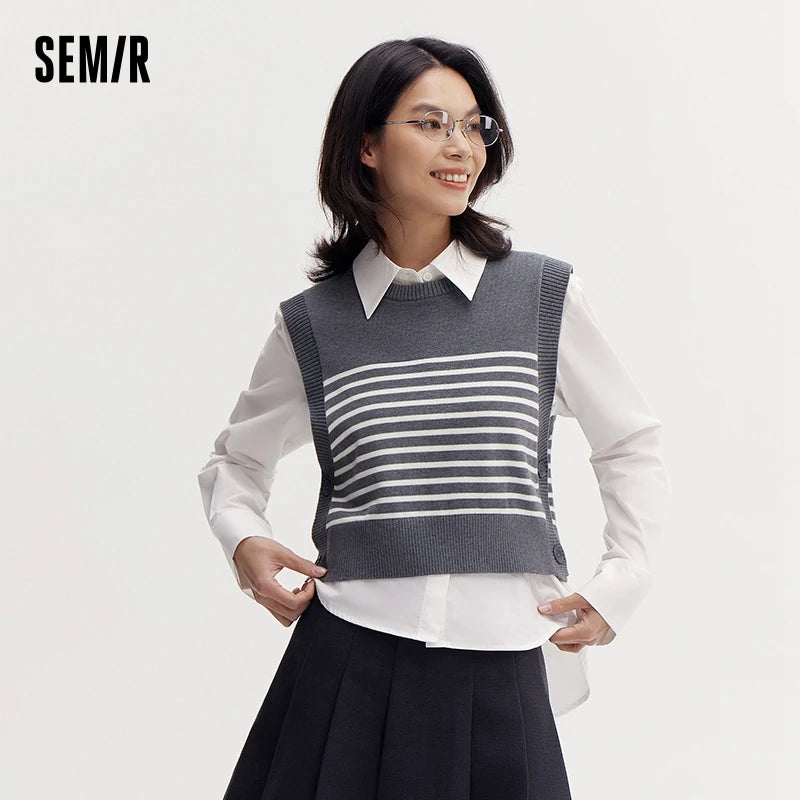 Semir Sweater Women Striped Vest Solid Color Shirt 2024 Autumn New Loose Two-Piece Pullover Sweater