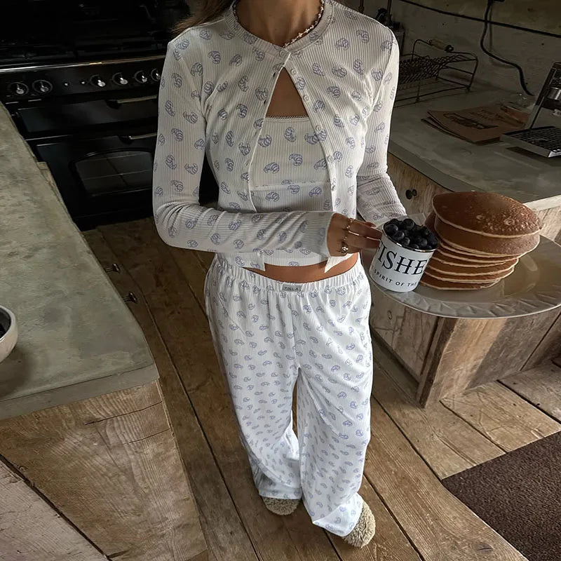 Knitted Printed Vest Cardigan Pant 3 Piece Set Women Elegant Slim Sling Vests Full Sleeve Sweater Elastic Long Pants Sets Female