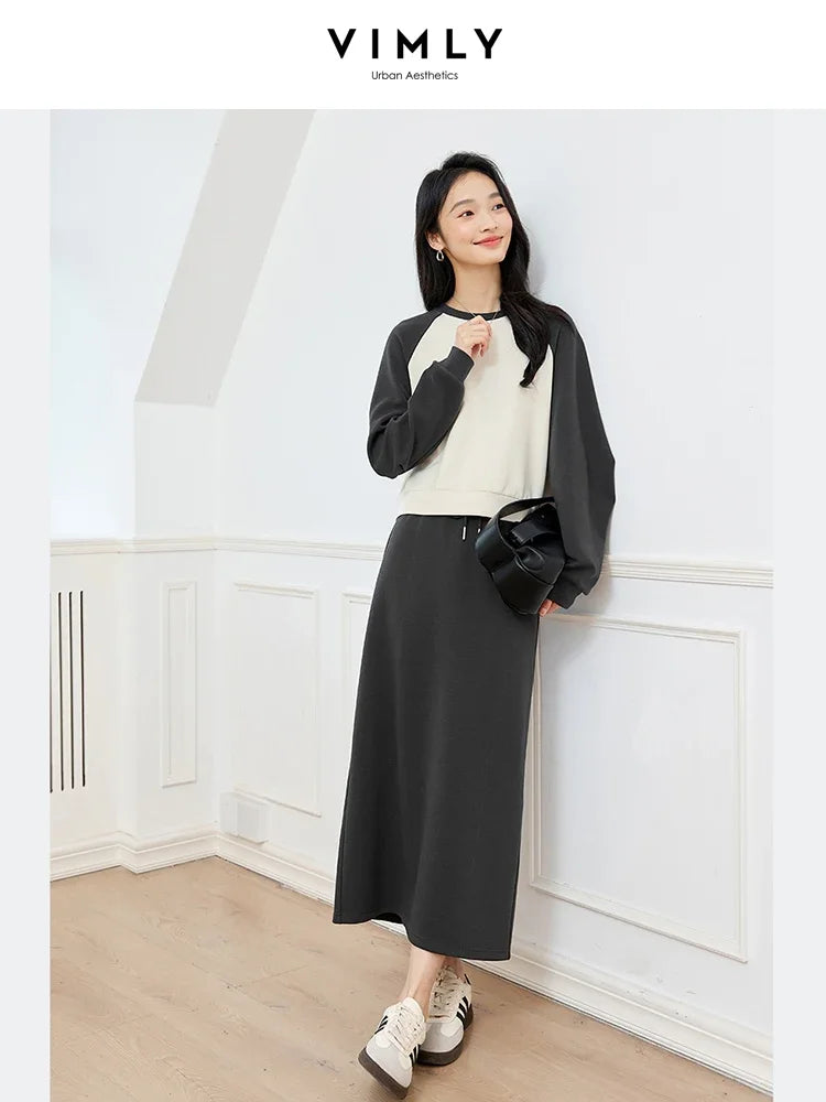 VIMLY Women's Simple Commuter Sweatshirt Top Straight Skirt with Back Split SkirtSuit Autumn Fashion Colors Blocking CasualSuit