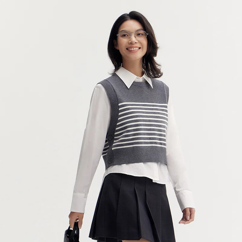 Semir Sweater Women Striped Vest Solid Color Shirt 2024 Autumn New Loose Two-Piece Pullover Sweater