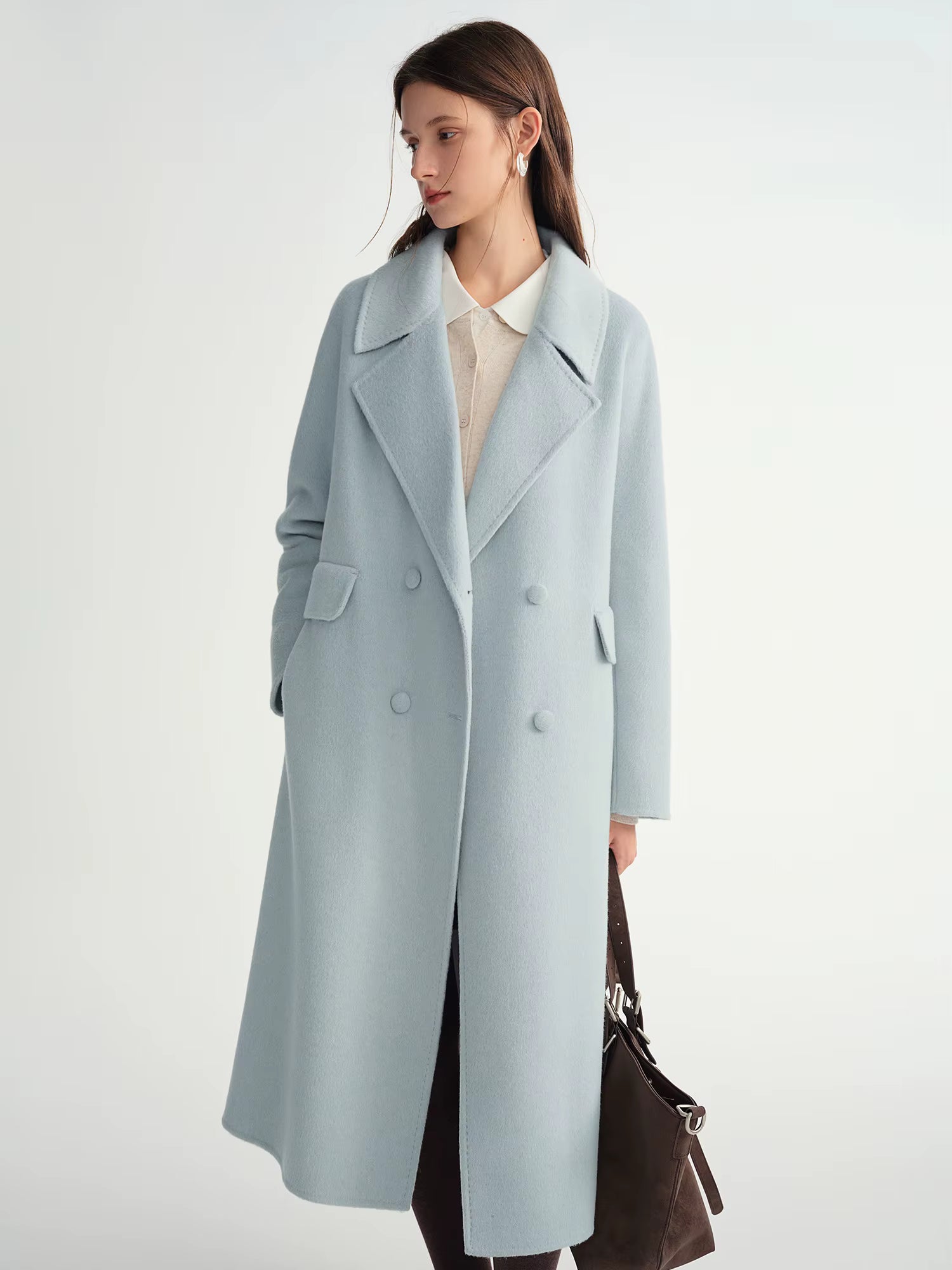 Double-breasted Cashmere Wool Coat Elegant Ladies Women Commuting Simple Temperament Mid-calf Length British Style