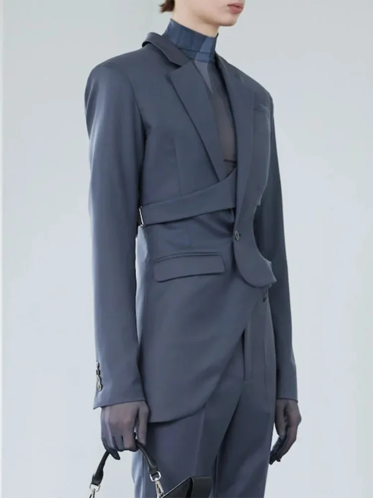 VGH Solid Hollow Out Casual Irregular Blazers For Women Notched Collar Long Sleeve Spliced Button Temperament Blazer Female New