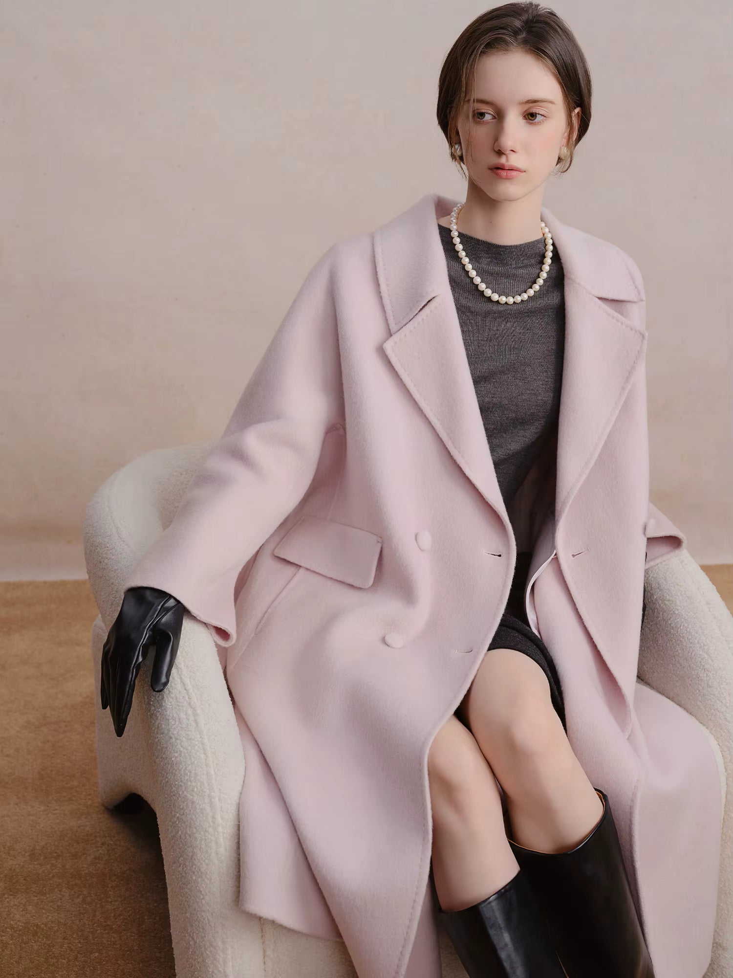 Double-breasted Cashmere Wool Coat Elegant Ladies Women Commuting Simple Temperament Mid-calf Length British Style