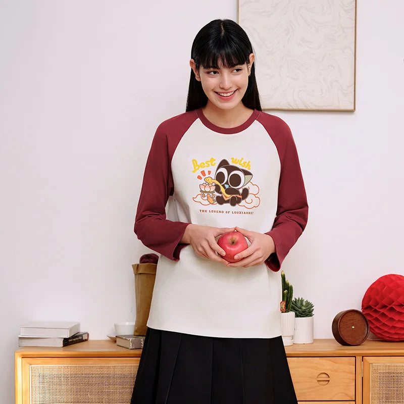 Semir Long Sleeve T-Shirt Women Loose Contrast Color 2024 New Spring New Year Red Innerwear Pure Cotton Top