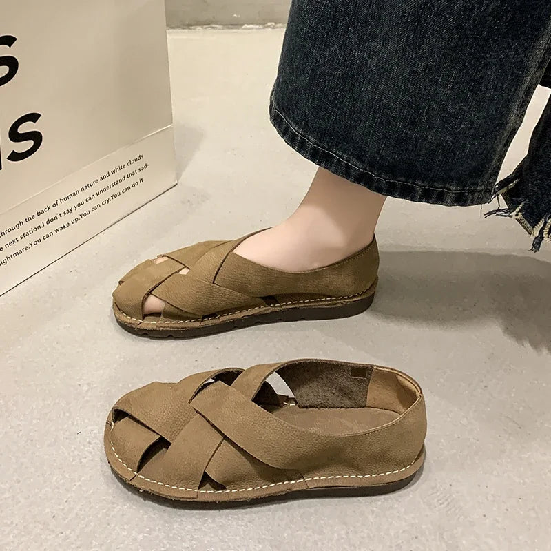 2024 Leather Women's Sandals Top Layer Cowhide Handmade Woven Women Casual Flats The Retro Art Mori Girl Shoes