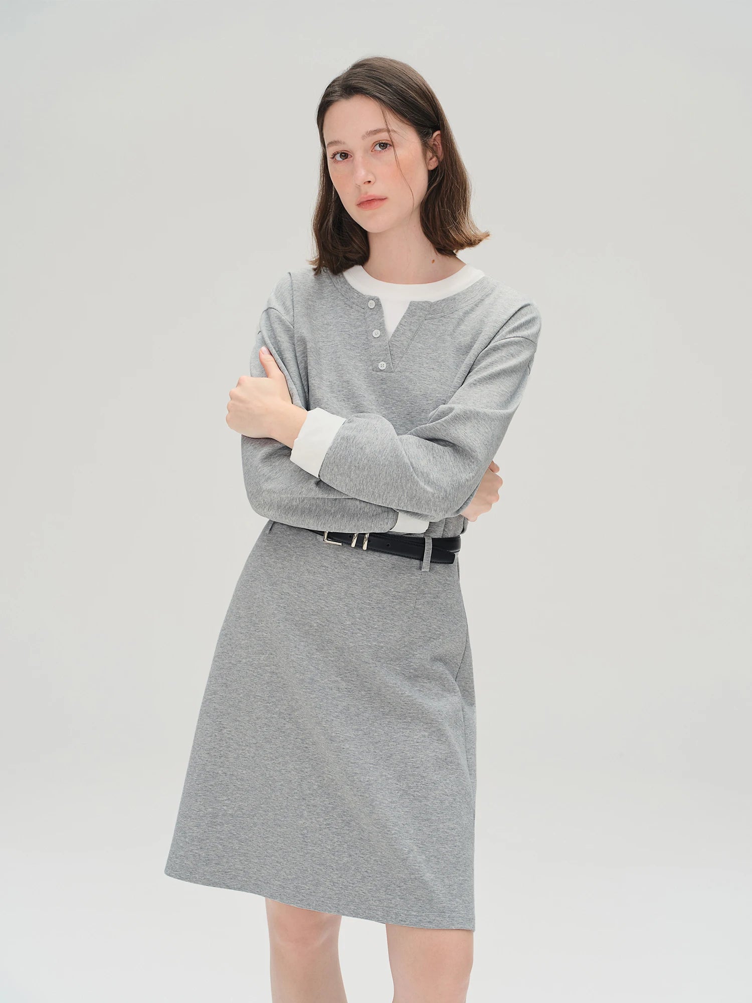 Autumn 2025 Women's Mock Layer Dress - Flattering Fit Versatile Length Shift Style Casual Elegant with Lace Trim