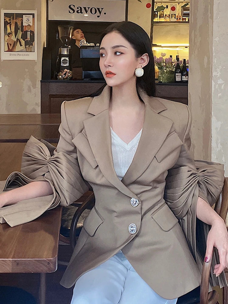 VGH High Street Plain Blazers For Women Notched Long Sleeve Single Breasted Patchwork Folds Coats Female 2022 Spring Clothes New