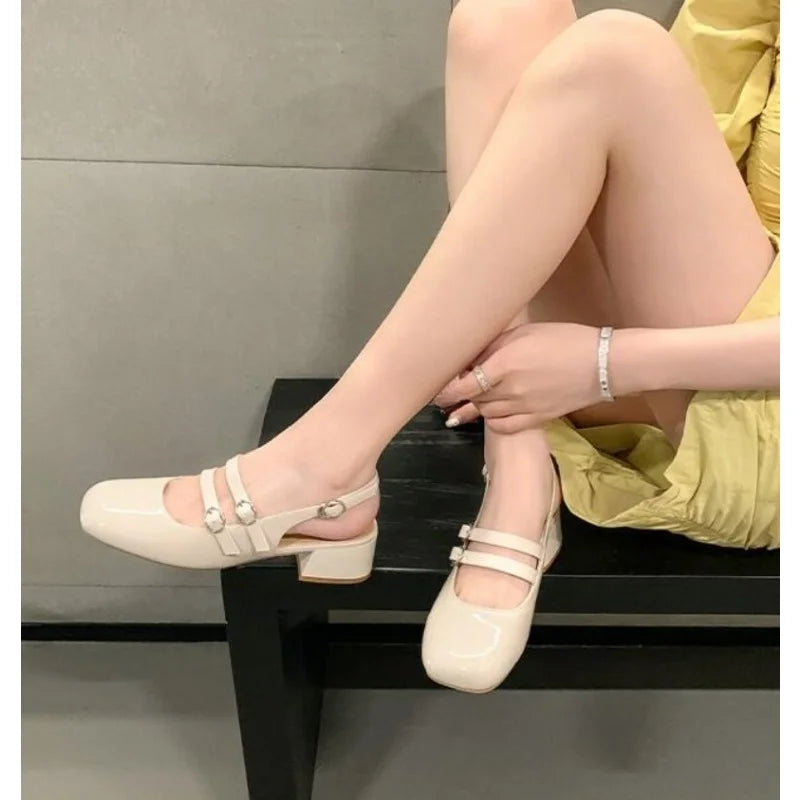 Classic Red Mary Jeans Woman Patent Leather Med-High Heels Sandals Two Buckle Belt Strap Shoes Femme Slingback Lolita Footwear