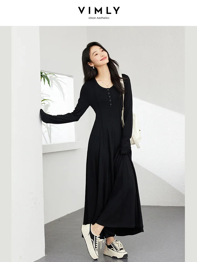 VIMLY Women's Simple Elegant Dress Autumn Semi Open Neck Waisted Pullover Knit Long Dress Casual Office Lady Versatile Dress