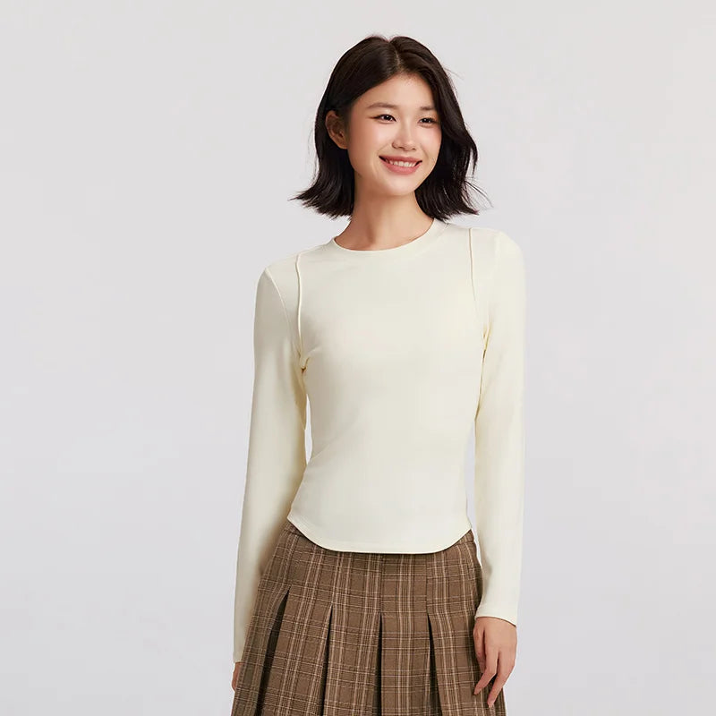Semir Long Sleeve T-Shirt Women Round Neck Tight Subtle Design 2024 New Winter Moisture-Wicking Frayed Long Sleeve T-Shirt